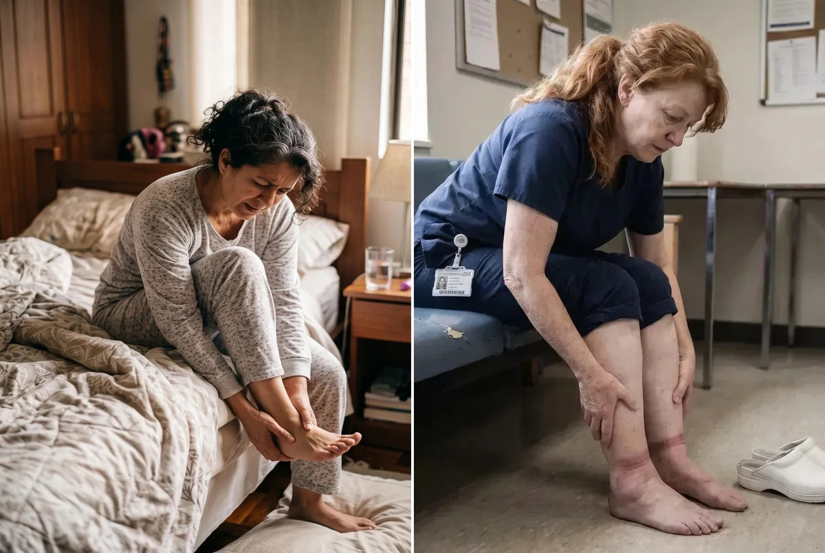 Dos mujeres sentadas sobándose los pies después de un día largo