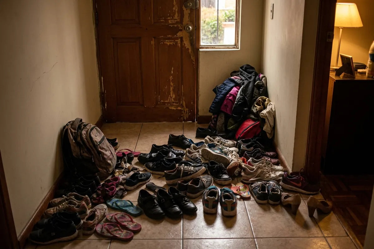 Zapatos regados en el piso de la entrada