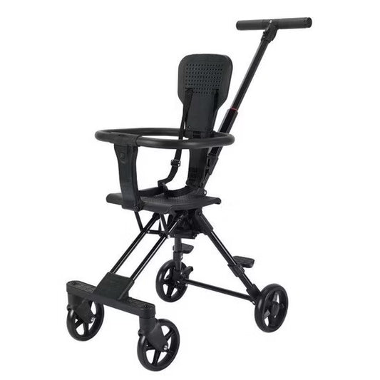 Coche triciclo plegable para bebe, variante negra, vista de perfil