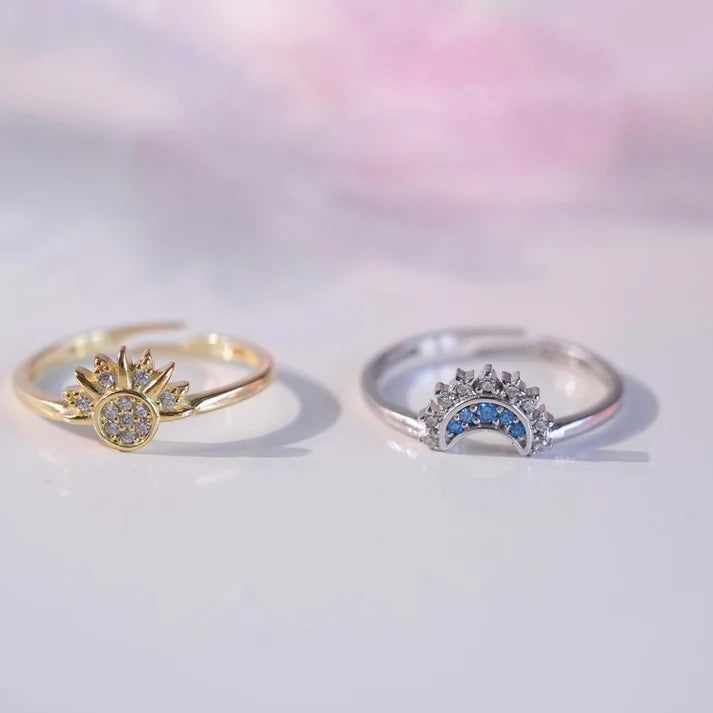 Anillo Sol dorado y Anillo Luna plateado — el par completo