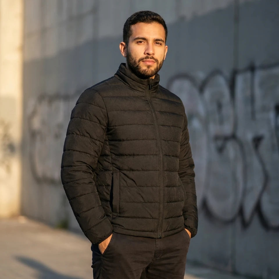 Chaqueta acolchada negra impermeable en look urbano editorial