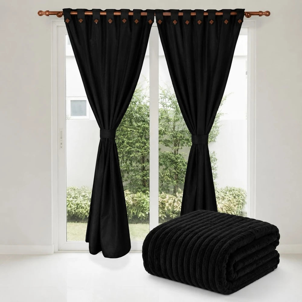 Combo cortinas jacquard + cobija acanalada en color negro