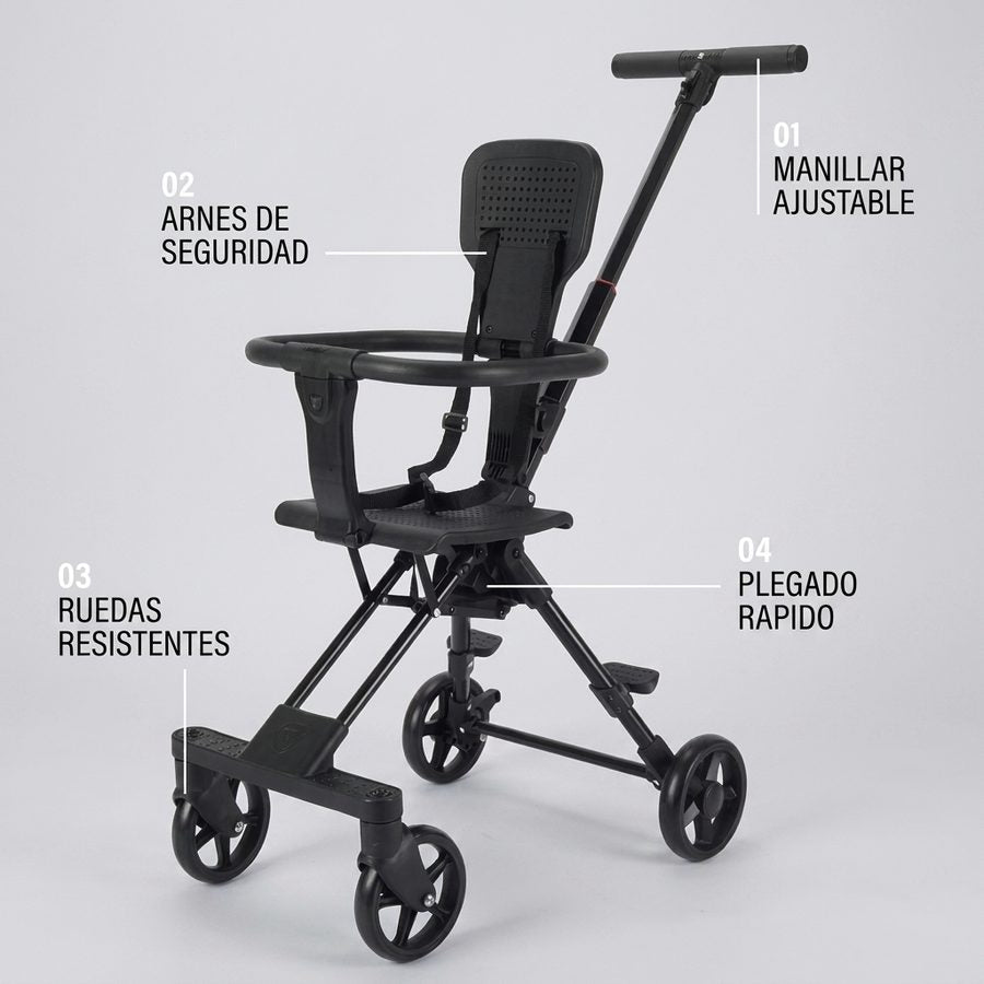 Características del coche: manillar ajustable, arnés de seguridad, ruedas resistentes, plegado rápido