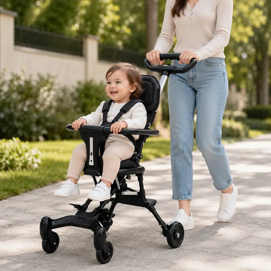Mamá paseando con su bebé en el coche triciclo plegable