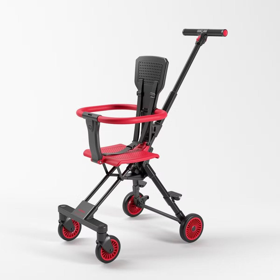 Coche triciclo plegable para bebé, variante roja, vista de perfil