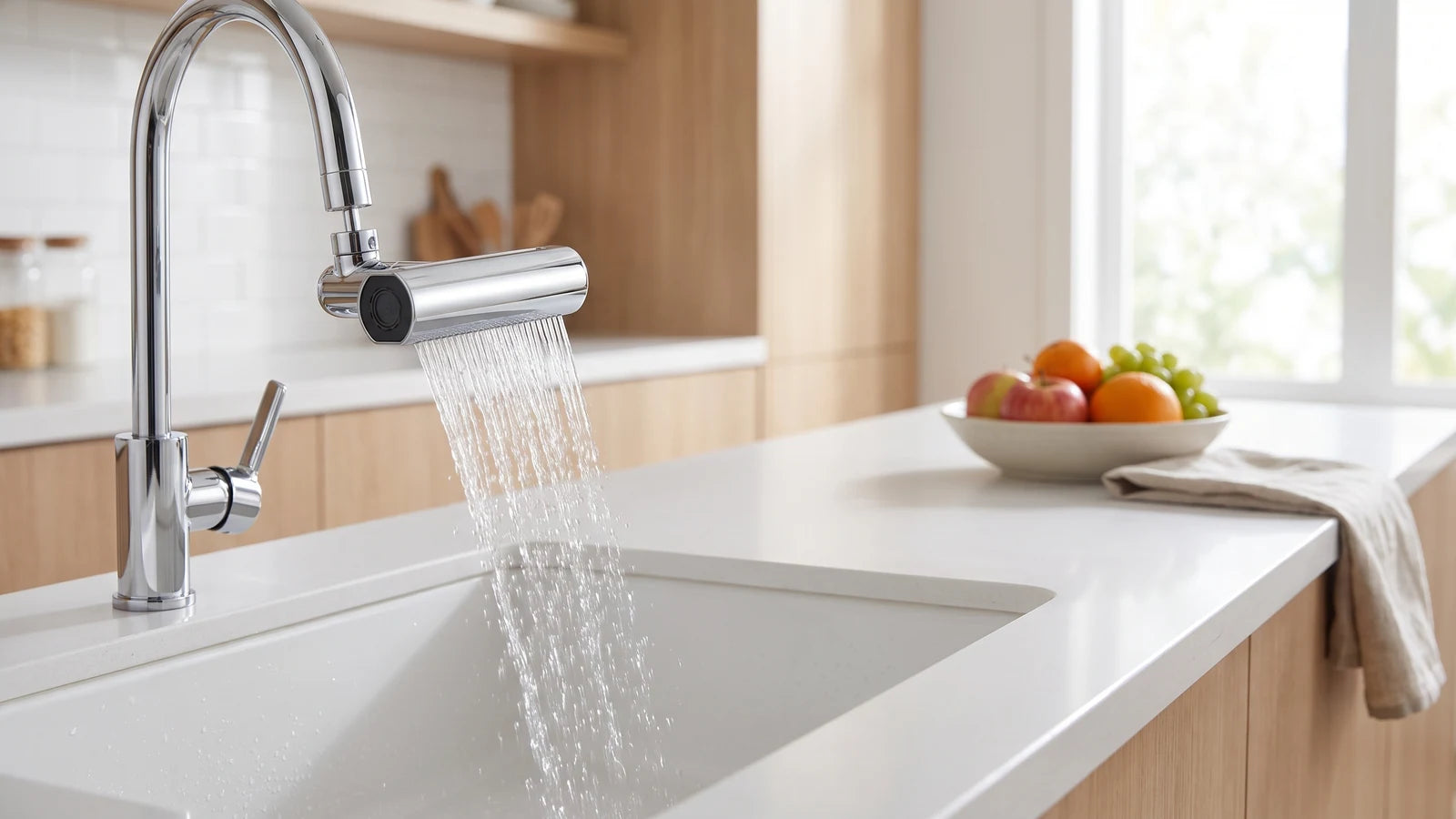 Cocina tranquila con el mesón seco y la cascada cayendo al lavaplatos
