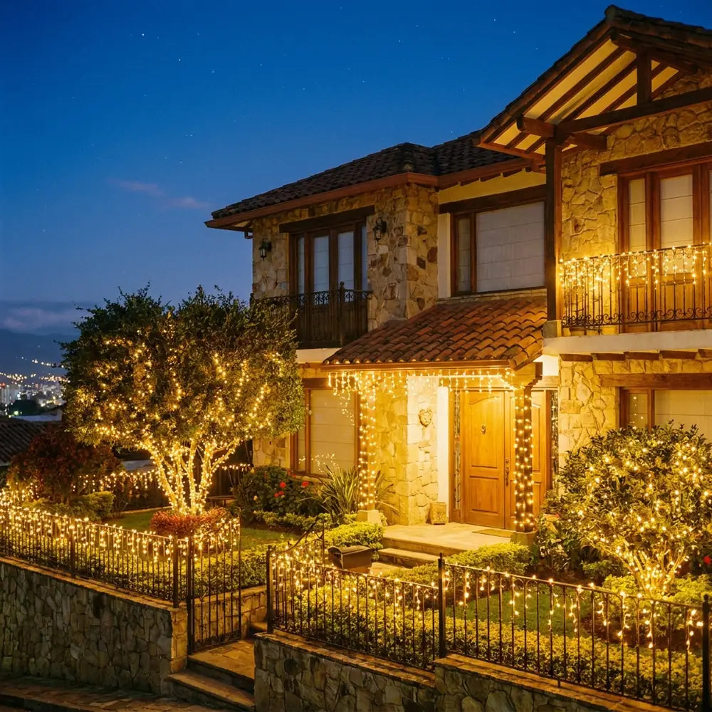 Fachada decorada con luces solares al anochecer