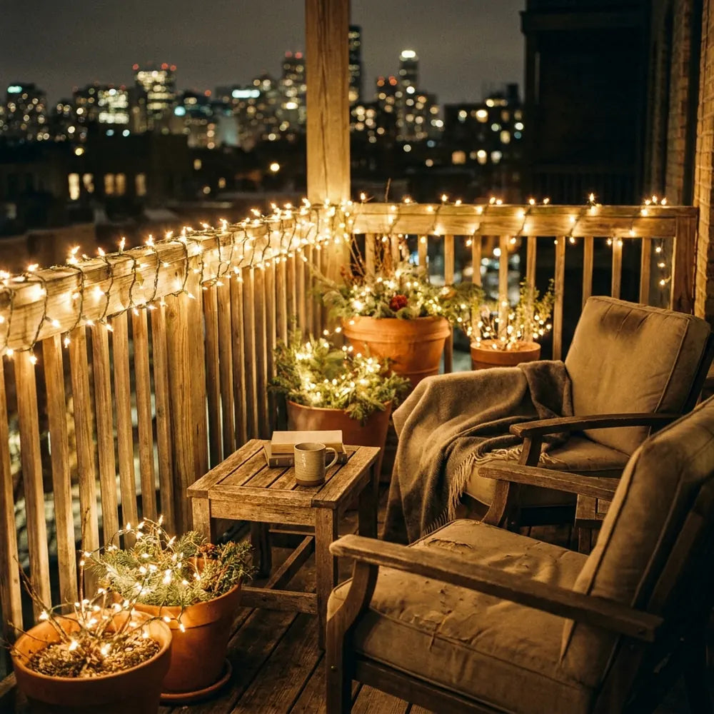 Balcón decorado con luces solares de noche