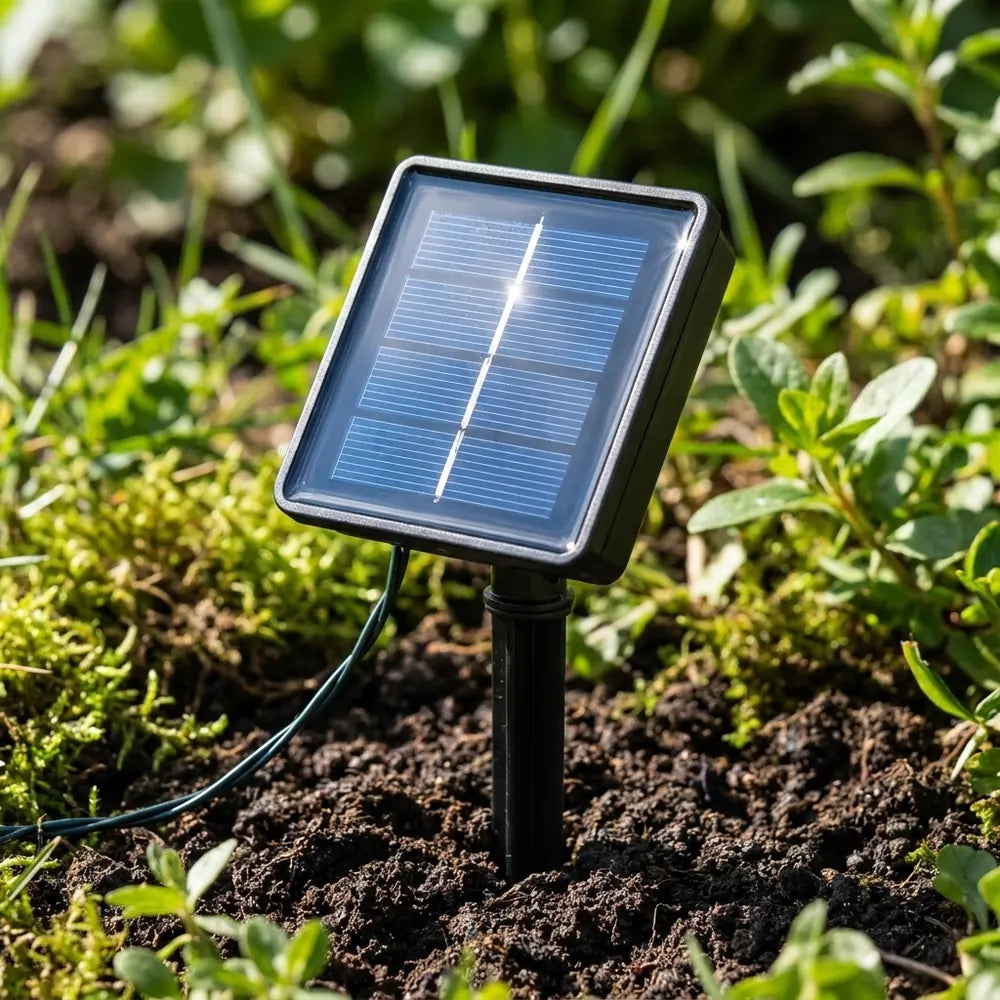 Panel solar con estaca instalado en el jardín