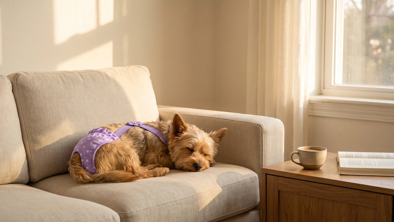 Perrita descansando tranquila en el sofá con su pañal puesto