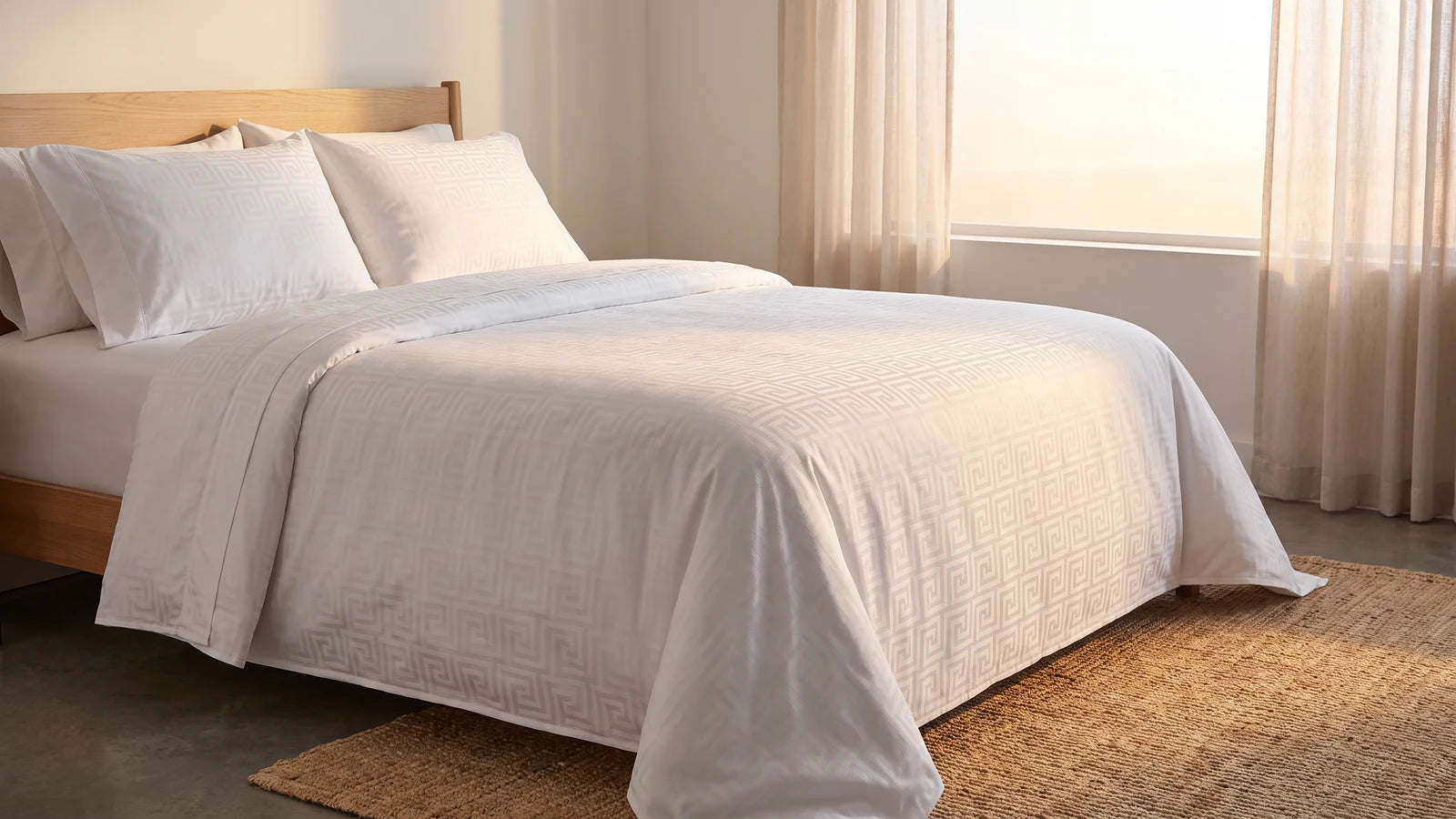 Cama tendida con sábanas blancas de 600 hilos al amanecer