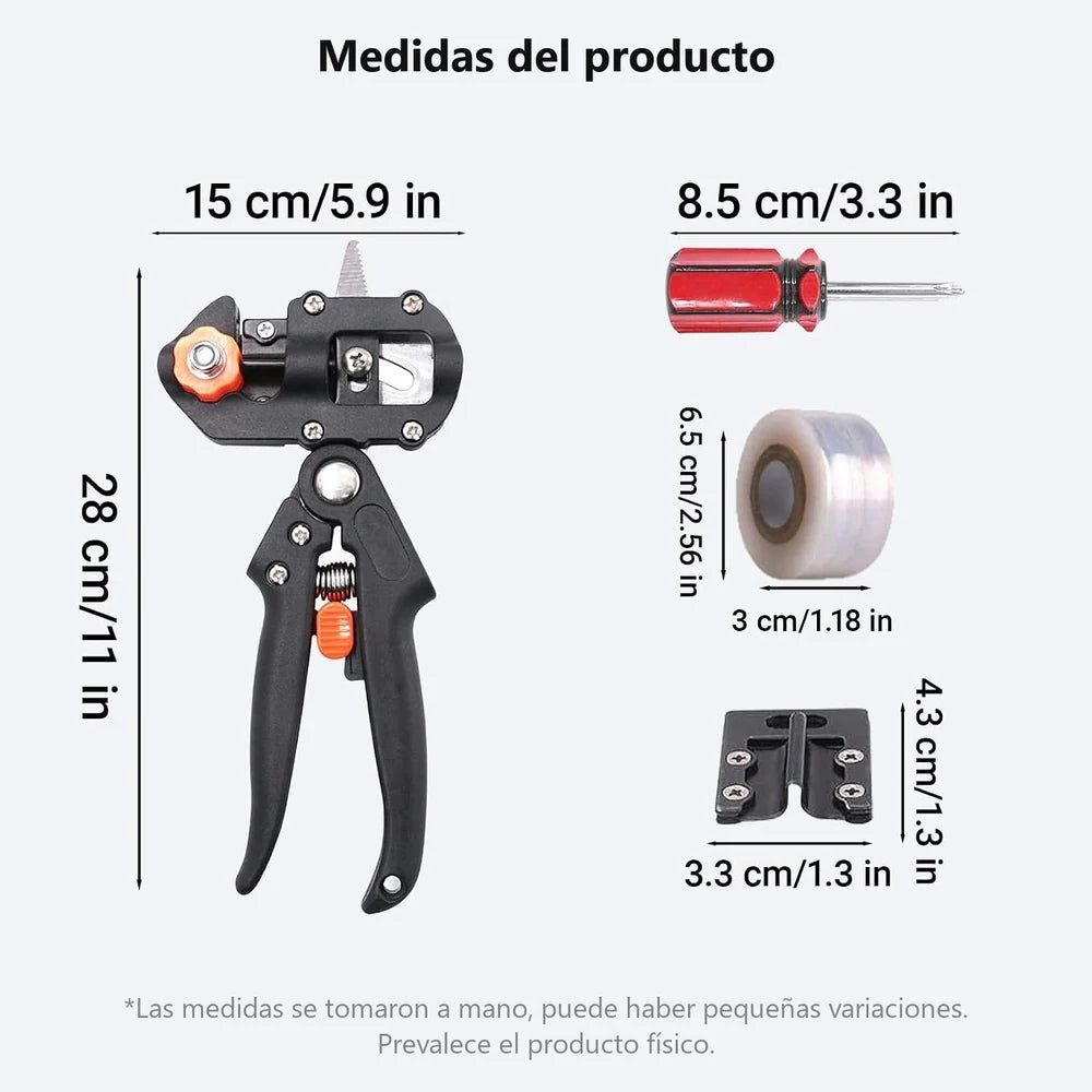 Medidas: tijera de 28 cm, destornillador, rollo de cinta de injertar y cuchilla