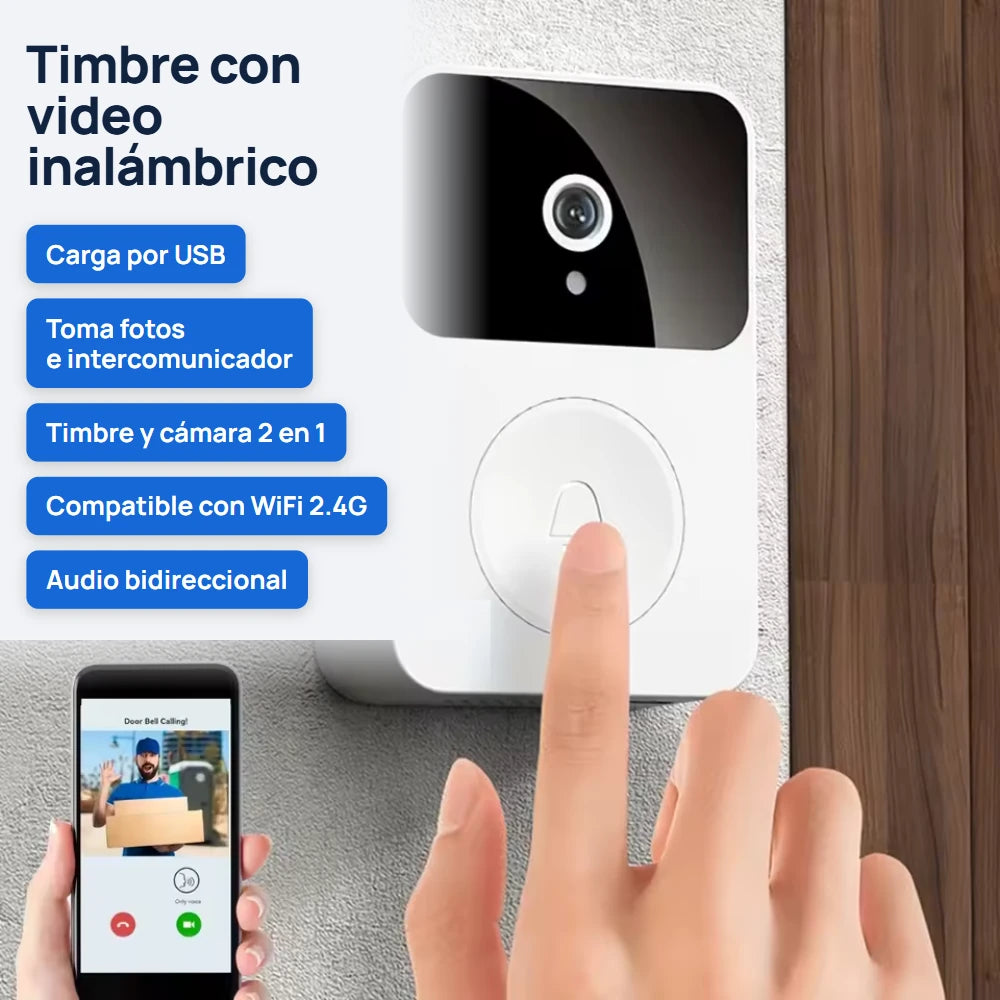 Timbre con video inalámbrico: carga USB, 2 en 1, audio bidireccional