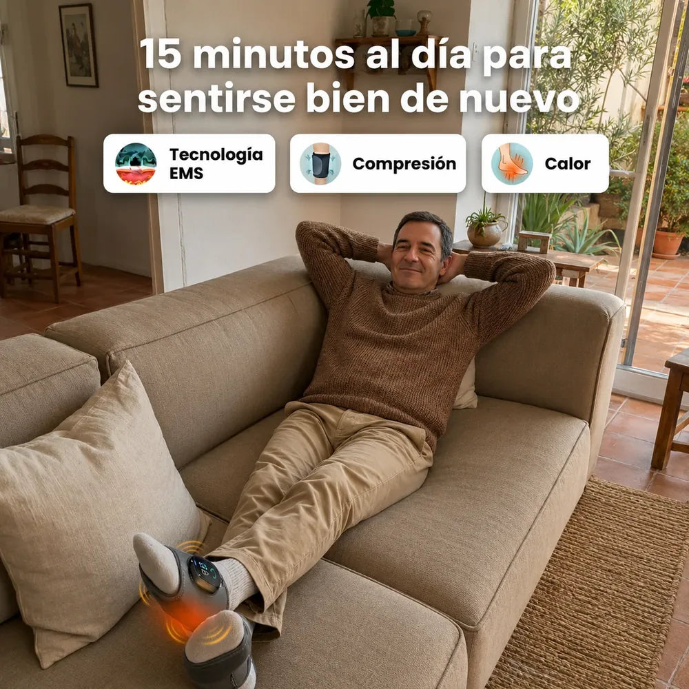 Hombre descansando en el sofá con la tobillera térmica puesta en el tobillo