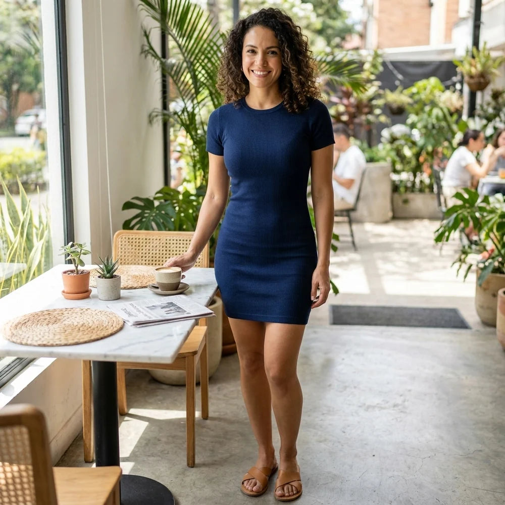 Vestido rib azul con sandalias en un café de Medellín