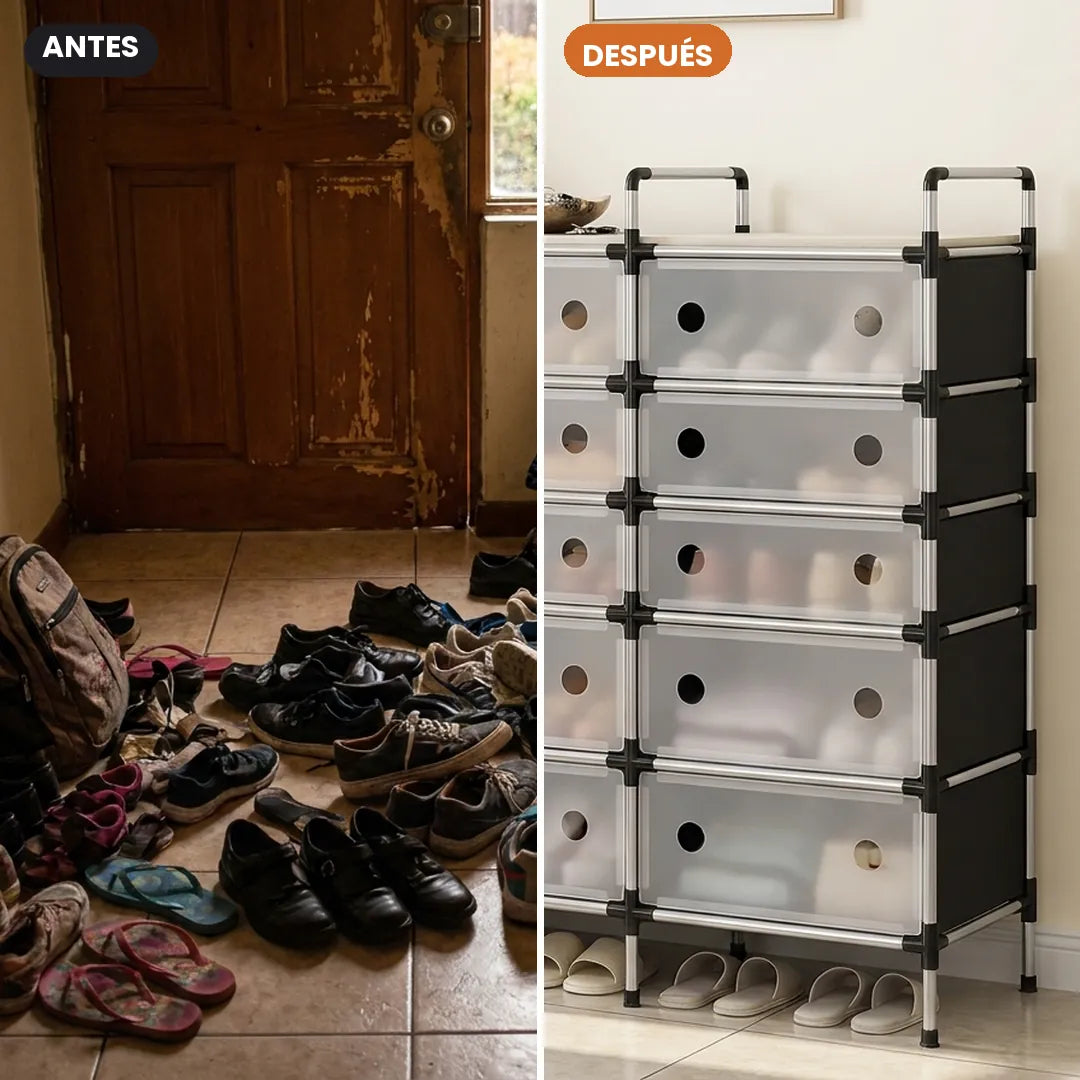 El mismo espacio con los zapatos regados y después con el zapatero
